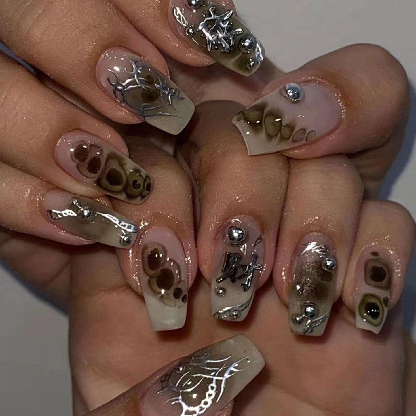 24pcs/box Fake French y2k Nails Press On Long Stiletto Almond Shape Wearable False Nails With Stars Designs Full Cover Nail Tips