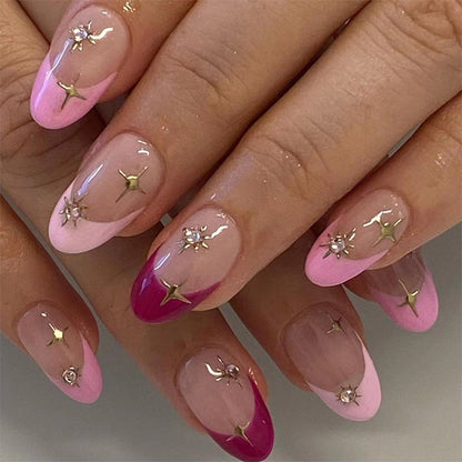 24pcs/box Fake French y2k Nails Press On Long Stiletto Almond Shape Wearable False Nails With Stars Designs Full Cover Nail Tips