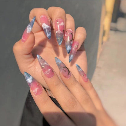 24pcs/box Fake French y2k Nails Press On Long Stiletto Almond Shape Wearable False Nails With Stars Designs Full Cover Nail Tips