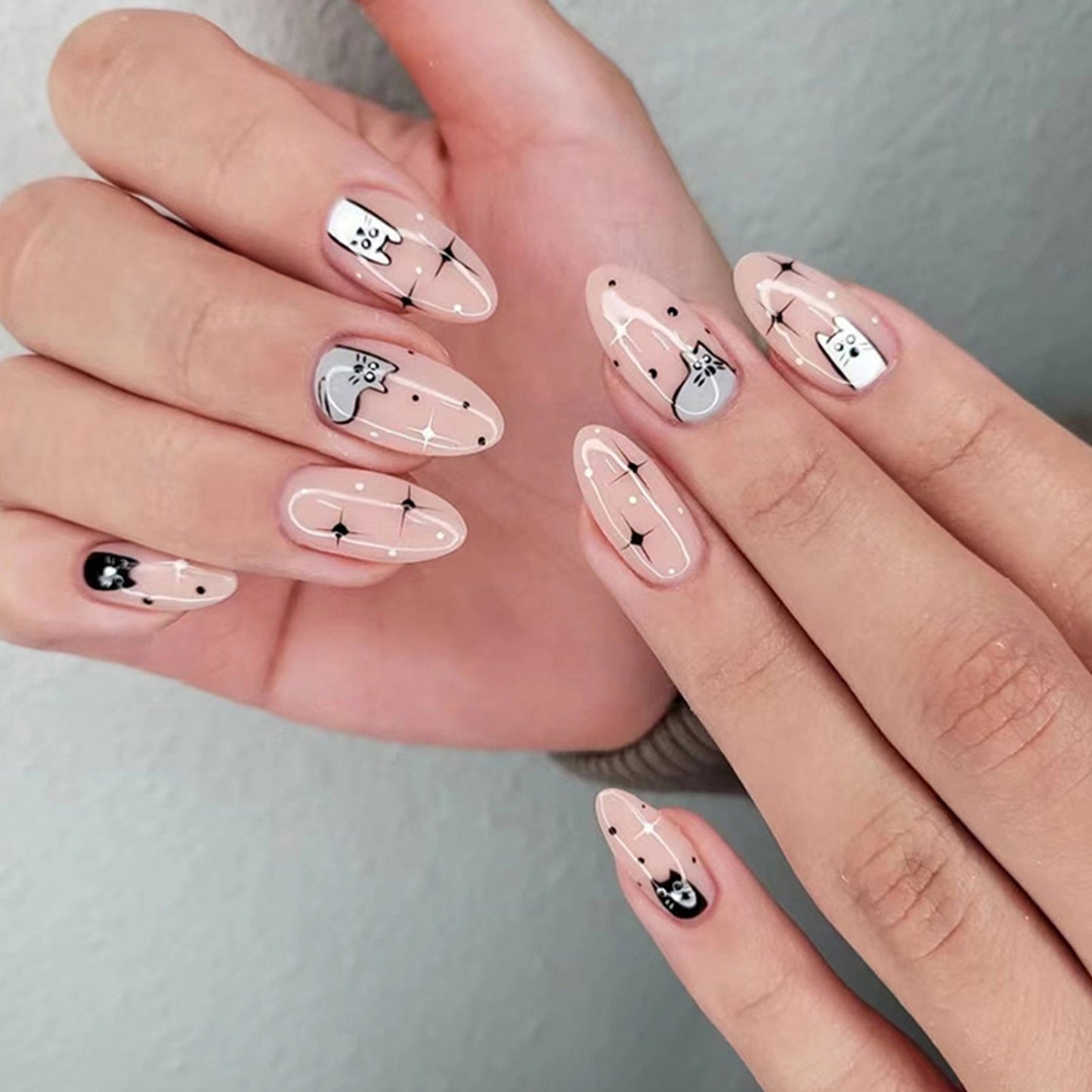 24pcs/box Fake French y2k Nails Press On Long Stiletto Almond Shape Wearable False Nails With Stars Designs Full Cover Nail Tips