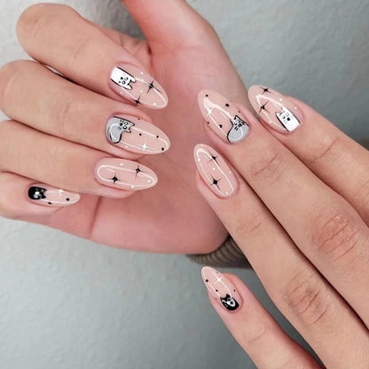 24pcs/box Fake French y2k Nails Press On Long Stiletto Almond Shape Wearable False Nails With Stars Designs Full Cover Nail Tips