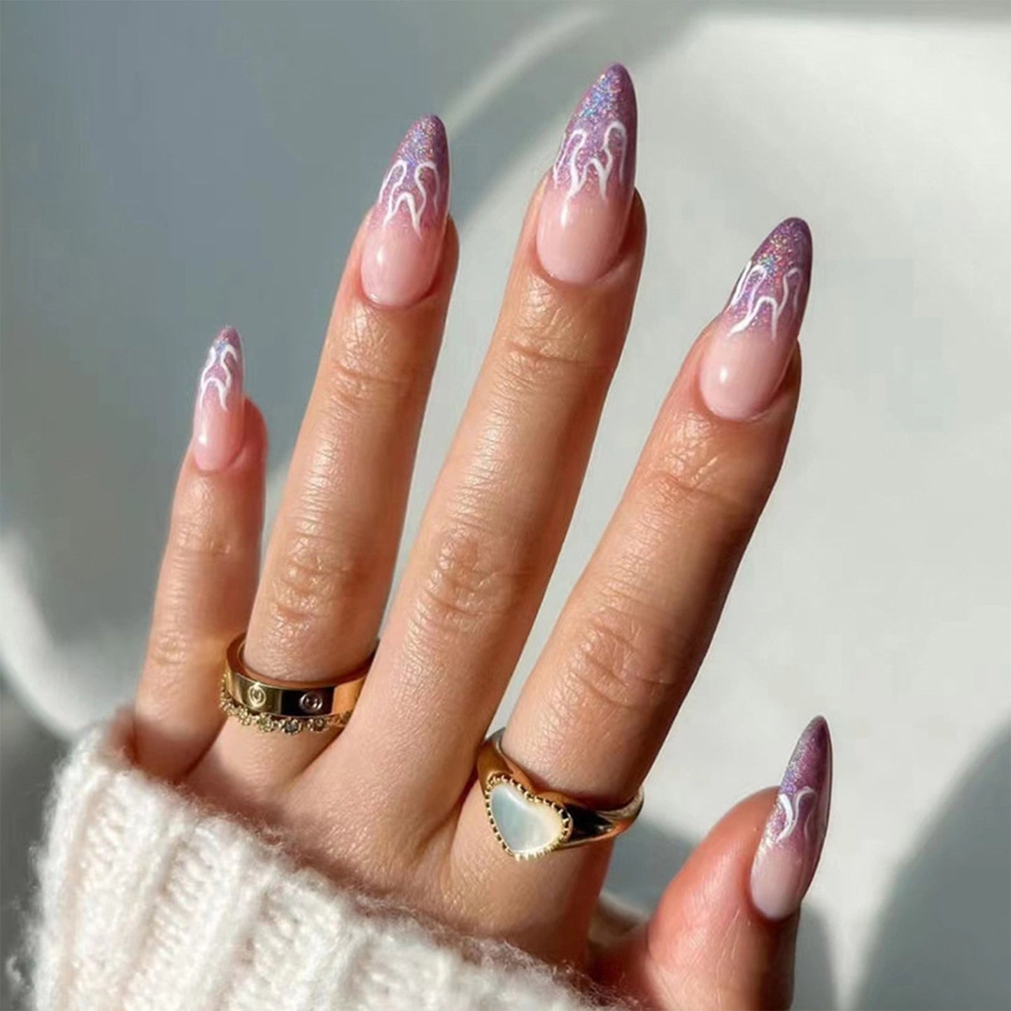 24pcs/box Fake French y2k Nails Press On Long Stiletto Almond Shape Wearable False Nails With Stars Designs Full Cover Nail Tips