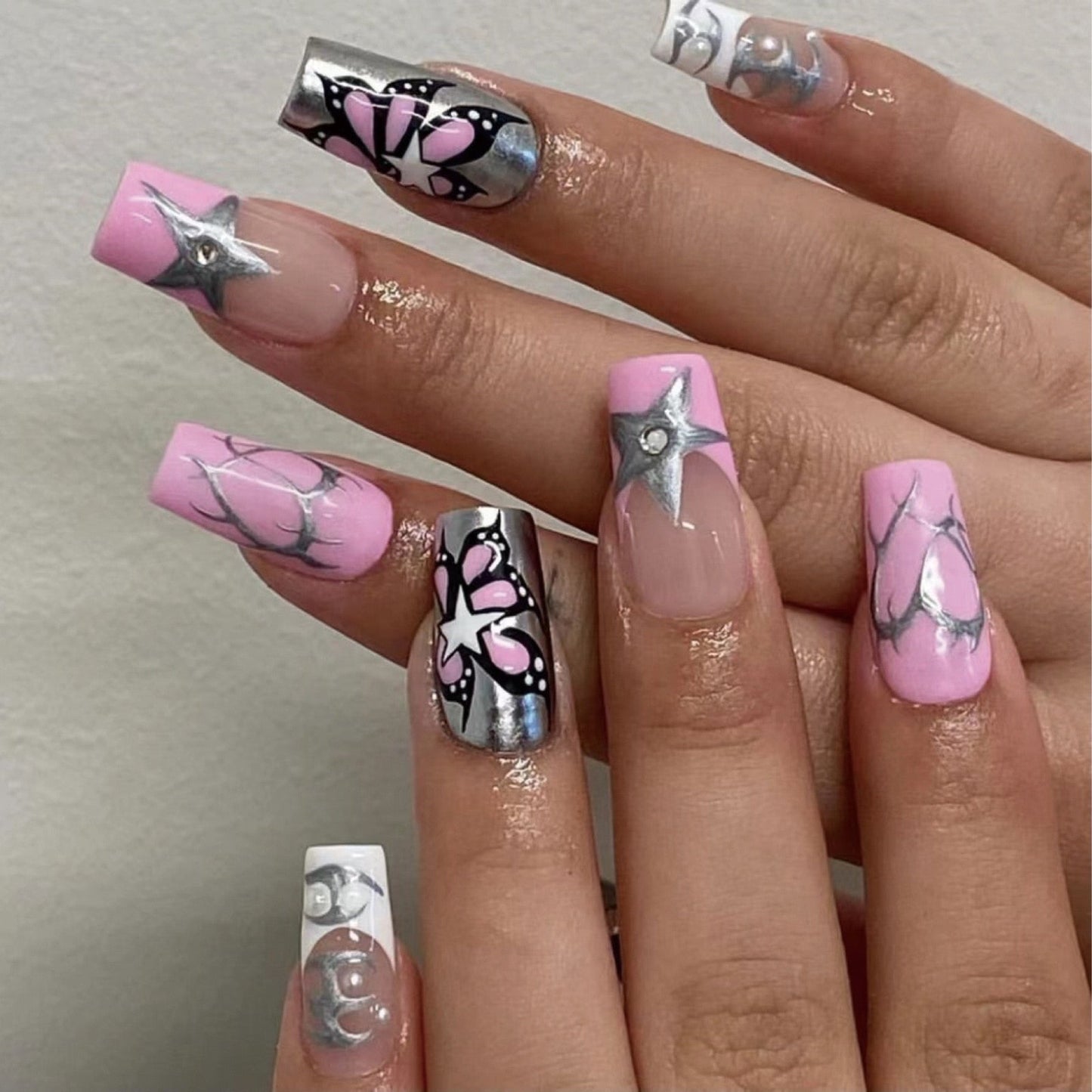 24pcs/box Fake French y2k Nails Press On Long Stiletto Almond Shape Wearable False Nails With Stars Designs Full Cover Nail Tips