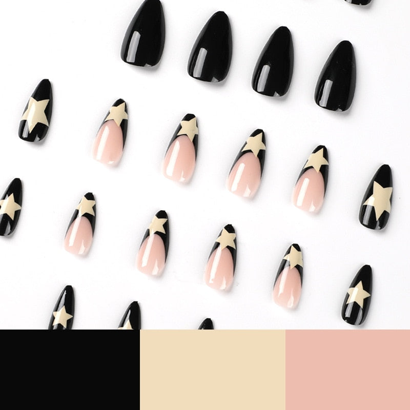 24pcs/box Fake French y2k Nails Press On Long Stiletto Almond Shape Wearable False Nails With Stars Designs Full Cover Nail Tips