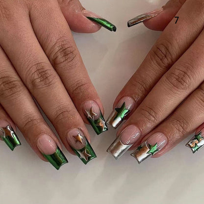24pcs/box Fake French y2k Nails Press On Long Stiletto Almond Shape Wearable False Nails With Stars Designs Full Cover Nail Tips