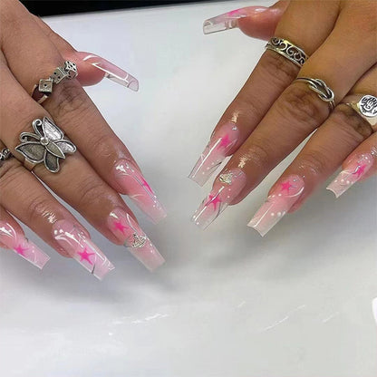 24pcs/box Fake French y2k Nails Press On Long Stiletto Almond Shape Wearable False Nails With Stars Designs Full Cover Nail Tips