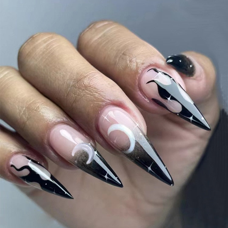 24pcs/box Fake French y2k Nails Press On Long Stiletto Almond Shape Wearable False Nails With Stars Designs Full Cover Nail Tips