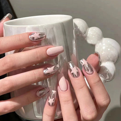 24pcs/box Fake French y2k Nails Press On Long Stiletto Almond Shape Wearable False Nails With Stars Designs Full Cover Nail Tips