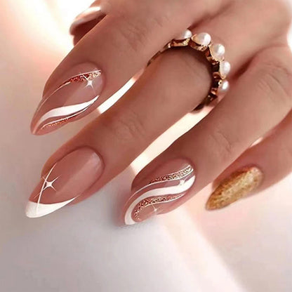 24pcs/box Fake French y2k Nails Press On Long Stiletto Almond Shape Wearable False Nails With Stars Designs Full Cover Nail Tips