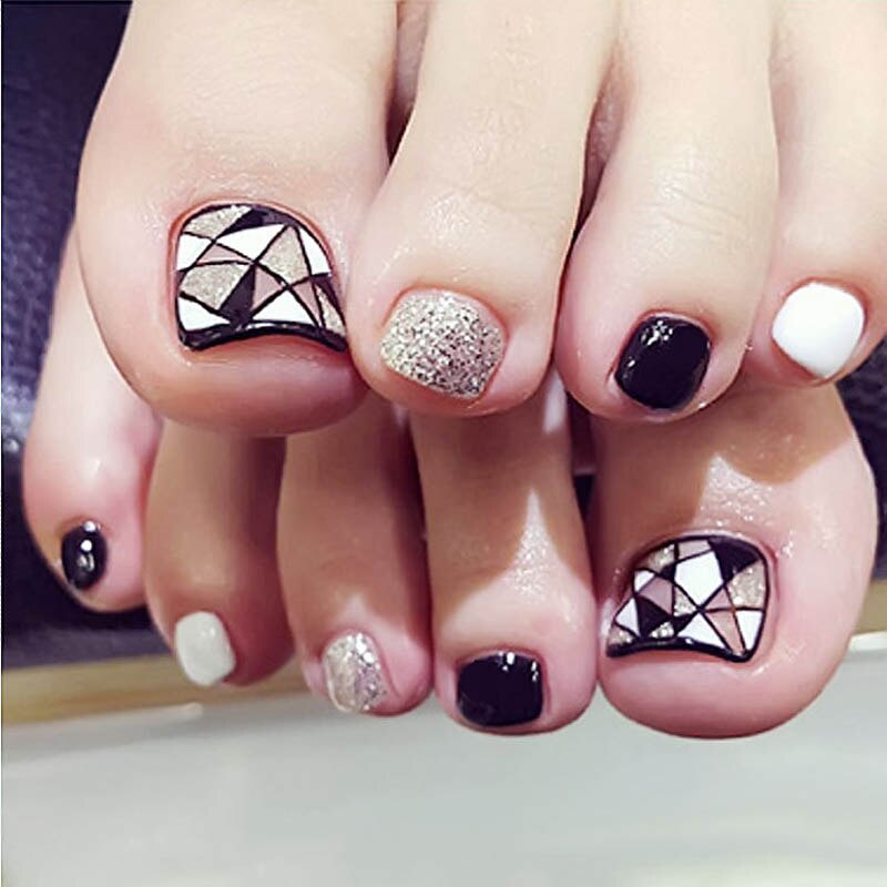 24pcs/box Fake Toenails With Designs Artificial Press On Nail Tips Full Cover Over Head False Nails With Glue Nail Art For Girls