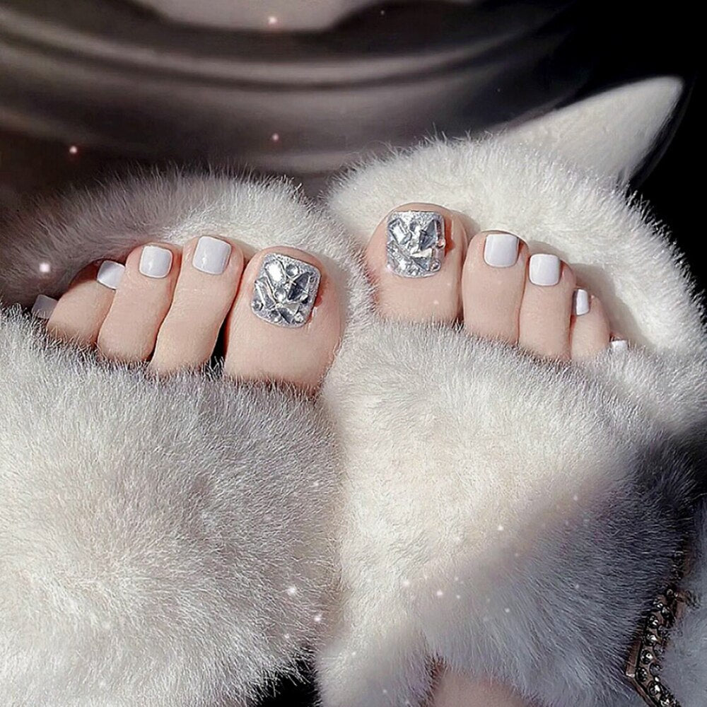 24pcs/box Fake Toenails With Designs Artificial Press On Nail Tips Full Cover Over Head False Nails With Glue Nail Art For Girls