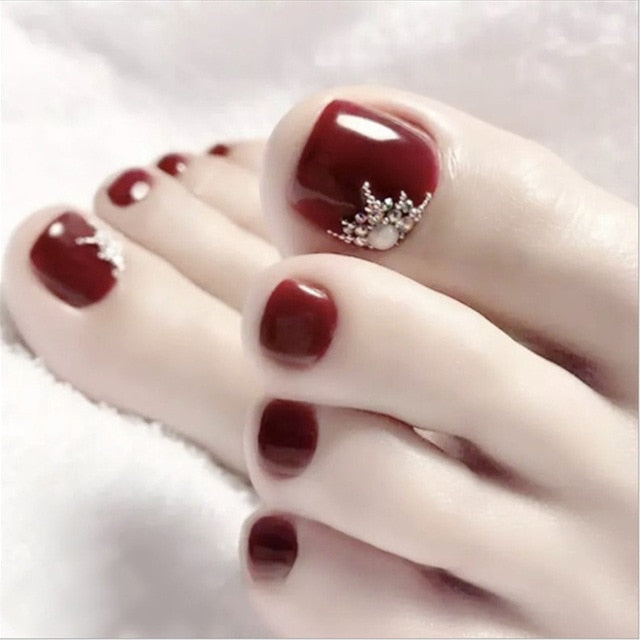 24pcs/box Fake Toenails With Designs Artificial Press On Nail Tips Full Cover Over Head False Nails With Glue Nail Art For Girls