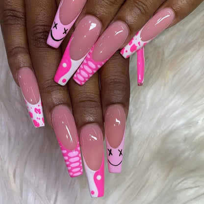 24pcs/box Printing Nails Patch MidLength Fake Nails With Design Full Cover Acrylic Press On Nails Long Artifical Nails With Glue