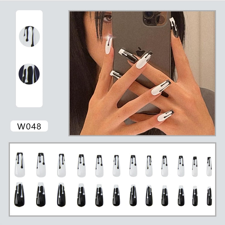 24pcs/box Printing Nails Patch MidLength Fake Nails With Design Full Cover Acrylic Press On Nails Long Artifical Nails With Glue