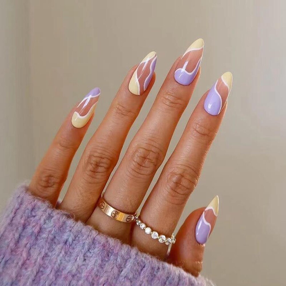 24pcs/box Printing Nails Patch MidLength Fake Nails With Design Full Cover Acrylic Press On Nails Long Artifical Nails With Glue
