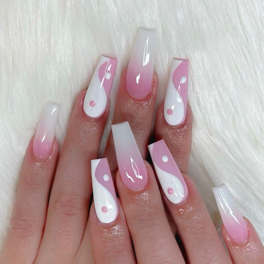 24pcs/box Printing Nails Patch MidLength Fake Nails With Design Full Cover Acrylic Press On Nails Long Artifical Nails With Glue