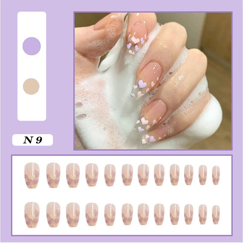 24pcs false nails matte Green Nails Patch with glue Removable Long Paragraph Fashion Manicure press on Nail tips