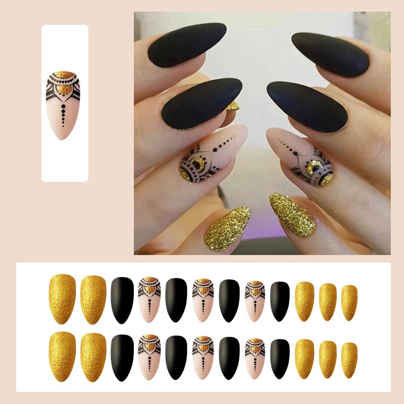 24pcs false nails matte Green Nails Patch with glue Removable Long Paragraph Fashion Manicure press on Nail tips