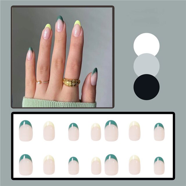 24pcs false nails matte Green Nails Patch with glue Removable Long Paragraph Fashion Manicure press on Nail tips
