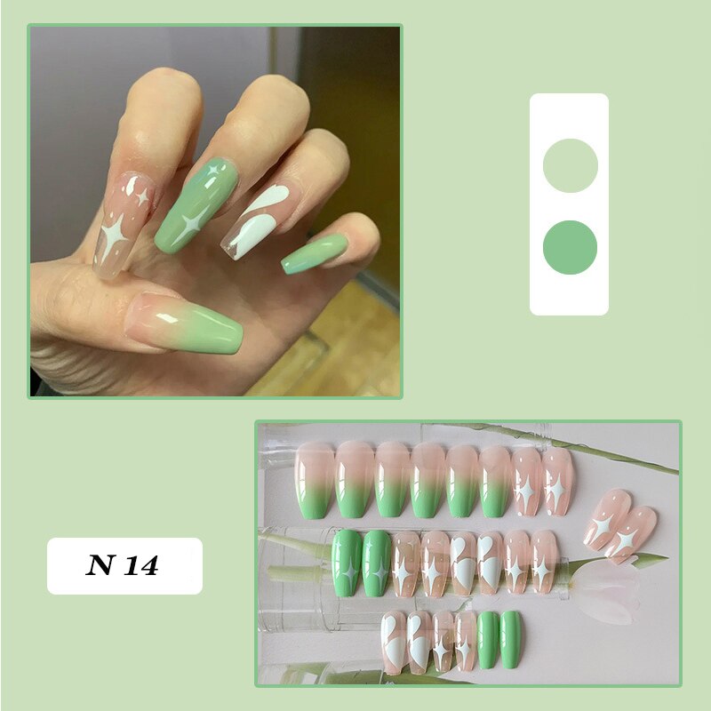 24pcs false nails matte Green Nails Patch with glue Removable Long Paragraph Fashion Manicure press on Nail tips