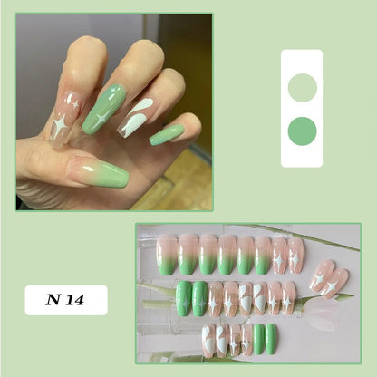 24pcs false nails matte Green Nails Patch with glue Removable Long Paragraph Fashion Manicure press on Nail tips