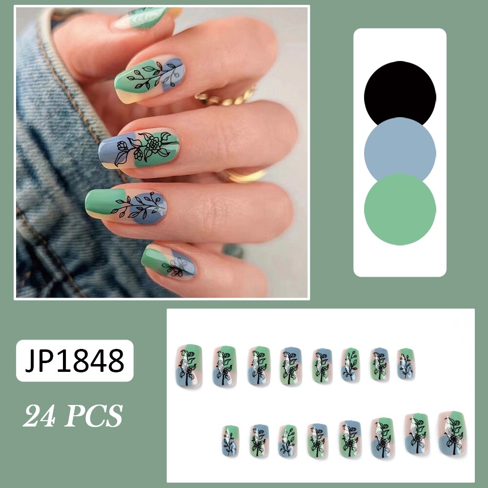 24pcs false nails matte Green Nails Patch with glue Removable Long Paragraph Fashion Manicure press on Nail tips