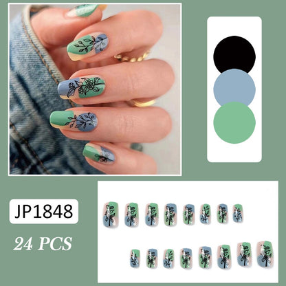 24pcs false nails matte Green Nails Patch with glue Removable Long Paragraph Fashion Manicure press on Nail tips