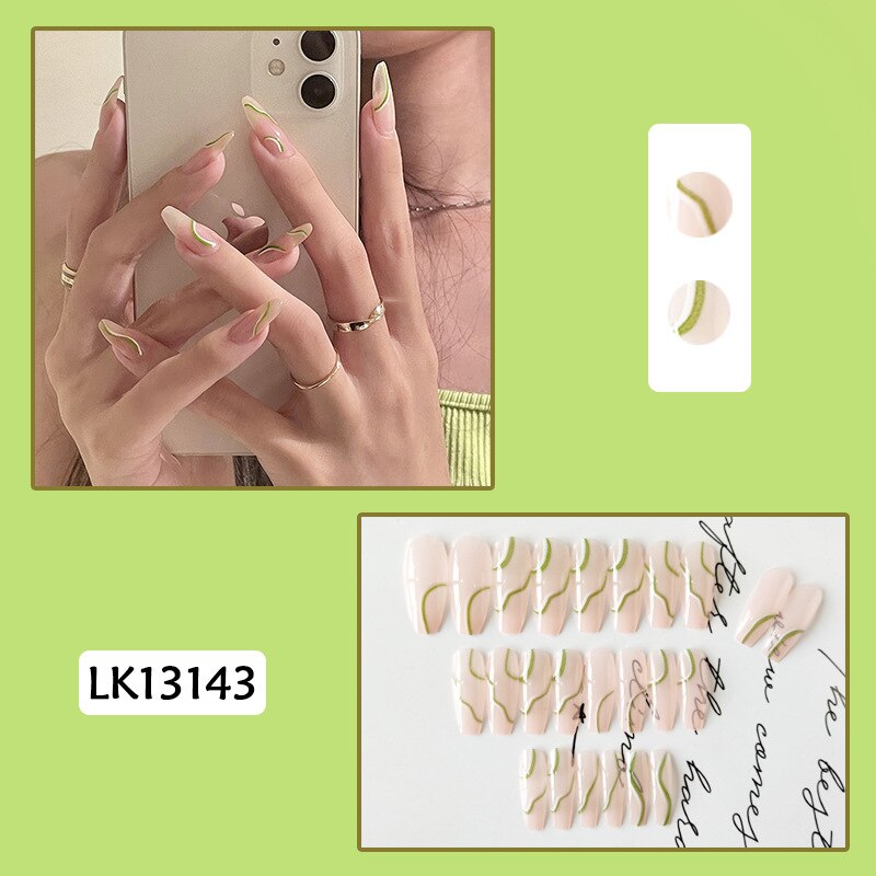 24pcs false nails matte Green Nails Patch with glue Removable Long Paragraph Fashion Manicure press on Nail tips