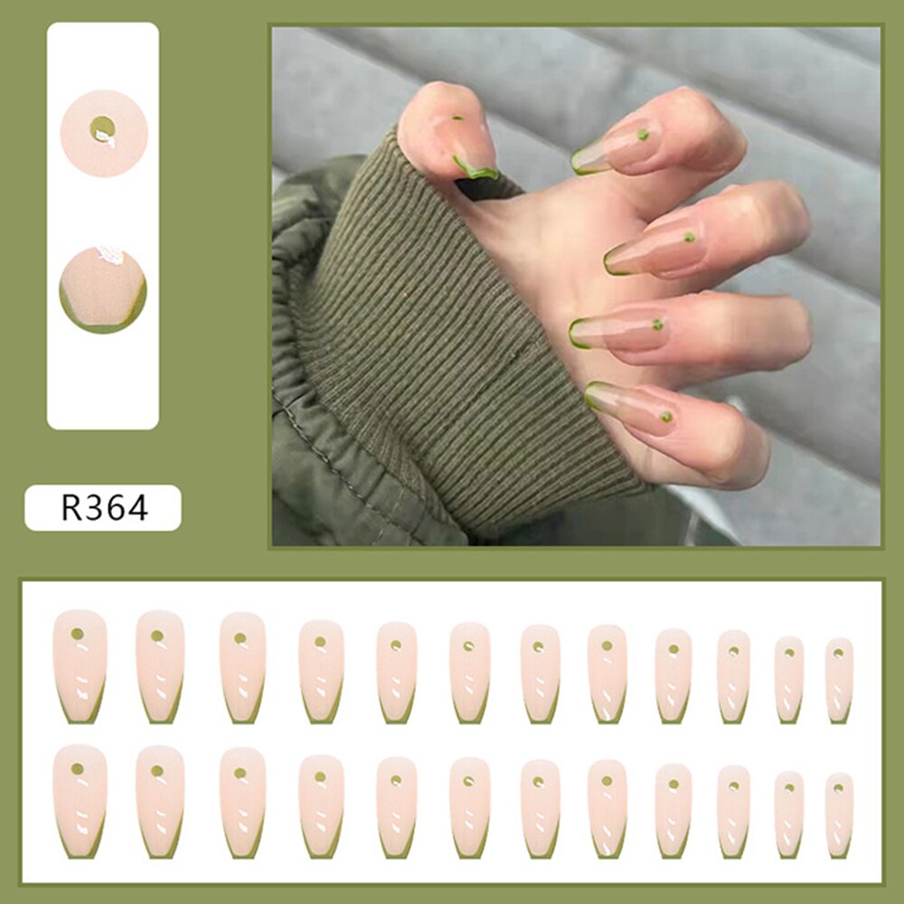 24pcs false nails matte Green Nails Patch with glue Removable Long Paragraph Fashion Manicure press on Nail tips
