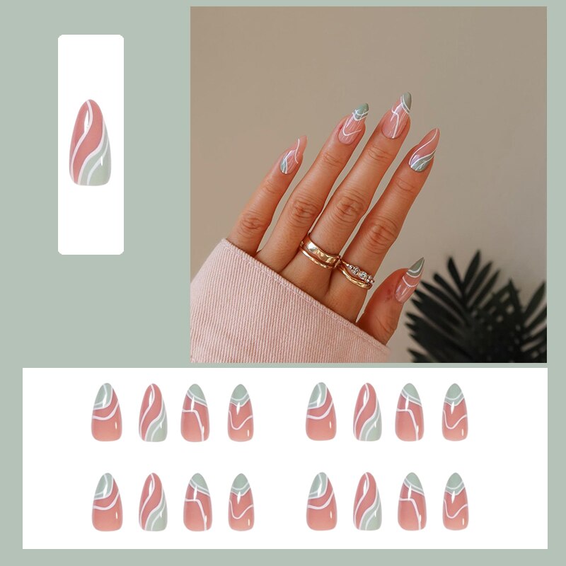 24pcs false nails matte Green Nails Patch with glue Removable Long Paragraph Fashion Manicure press on Nail tips