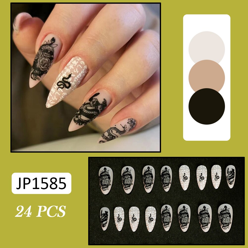 24pcs false nails matte Green Nails Patch with glue Removable Long Paragraph Fashion Manicure press on Nail tips