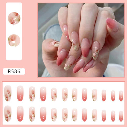 24pcs false nails matte Green Nails Patch with glue Removable Long Paragraph Fashion Manicure press on Nail tips