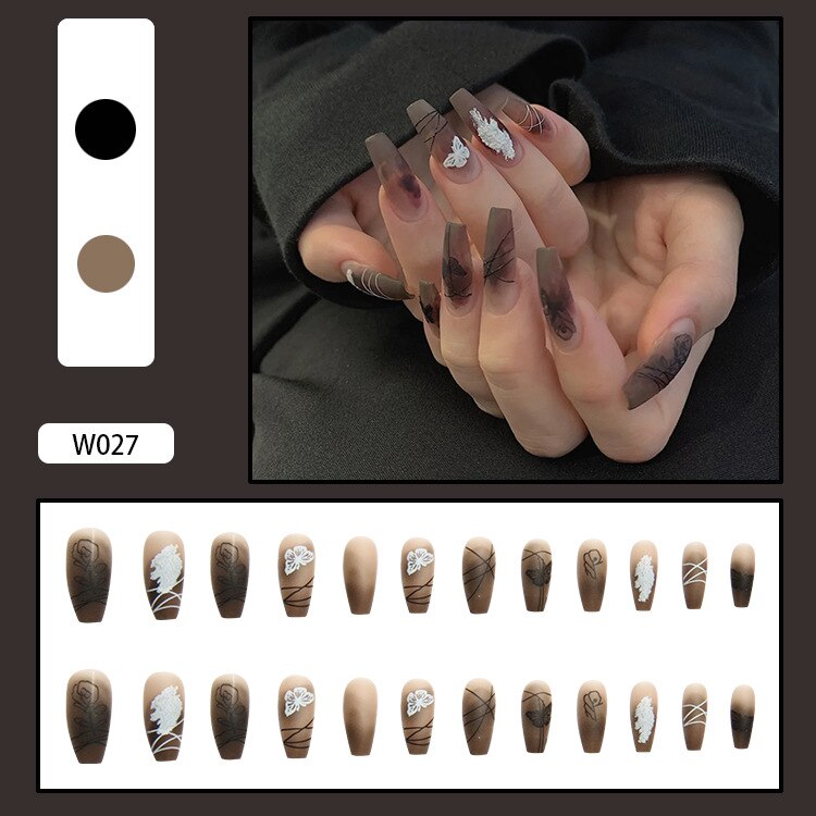 24pcs false nails matte Green Nails Patch with glue Removable Long Paragraph Fashion Manicure press on Nail tips