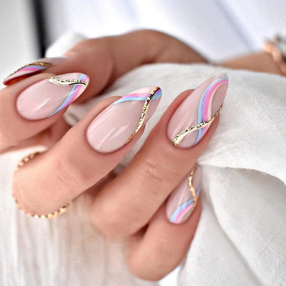 24pcs false nails with almond head French artificial nails with glue Long Paragraph Manicure full cover Stiletto press on nails