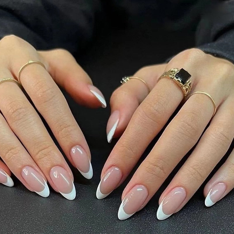 24pcs false nails with almond head French artificial nails with glue Long Paragraph Manicure full cover Stiletto press on nails