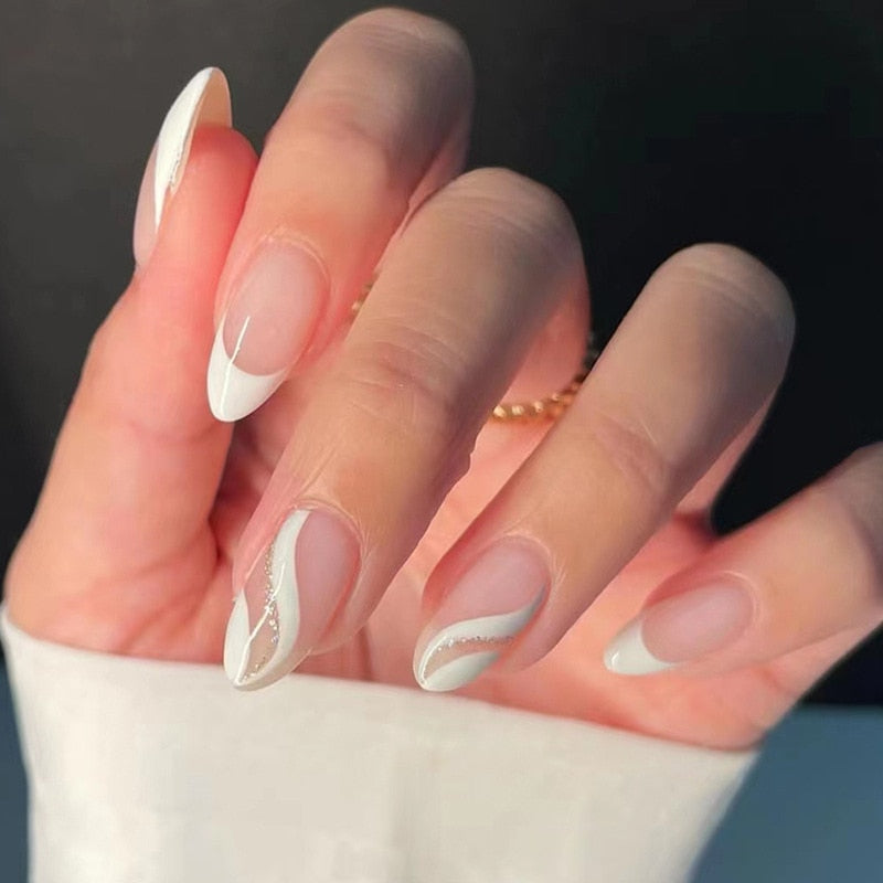 24pcs false nails with almond head French artificial nails with glue Long Paragraph Manicure full cover Stiletto press on nails