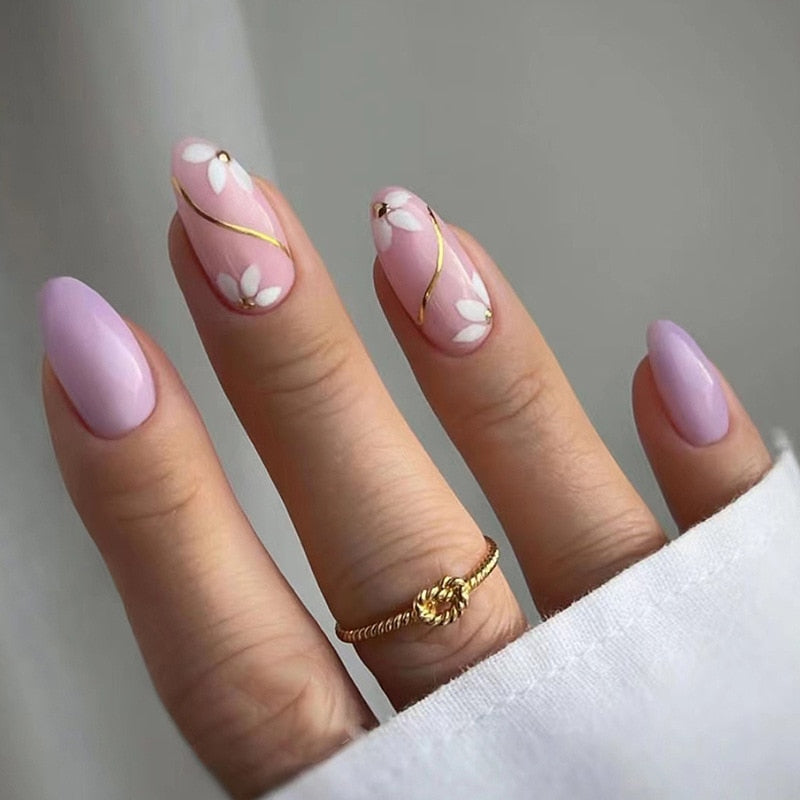 24pcs false nails with almond head French artificial nails with glue Long Paragraph Manicure full cover Stiletto press on nails