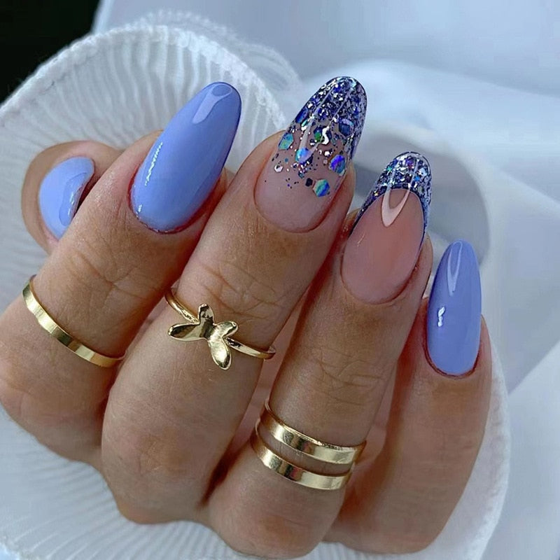 24pcs false nails with almond head French artificial nails with glue Long Paragraph Manicure full cover Stiletto press on nails