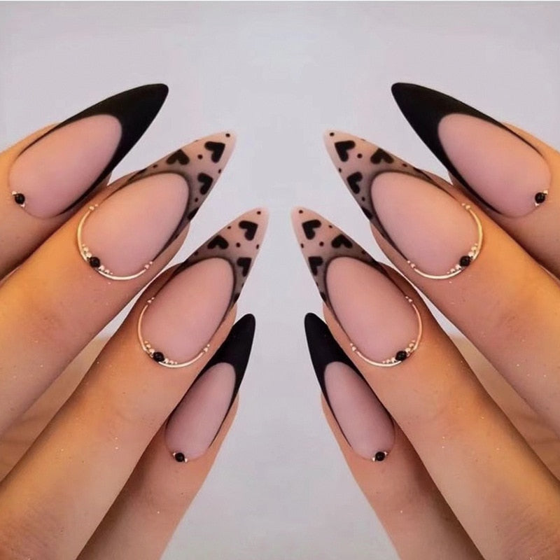 24pcs false nails with almond head French artificial nails with glue Long Paragraph Manicure full cover Stiletto press on nails