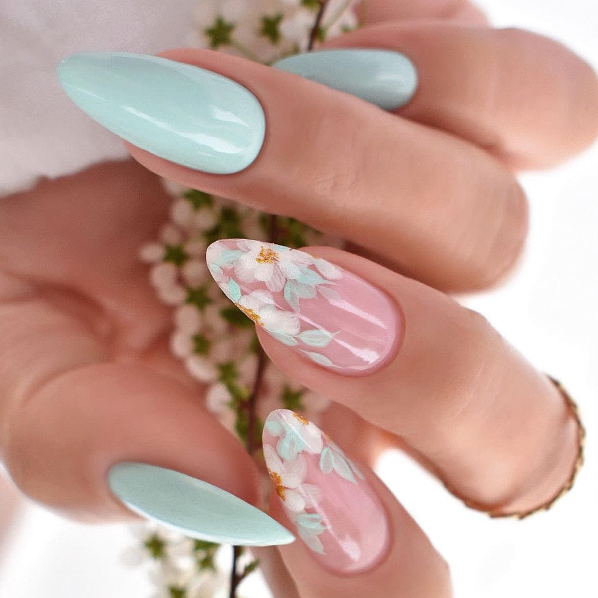 24pcs false nails with almond head French artificial nails with glue Long Paragraph Manicure full cover Stiletto press on nails