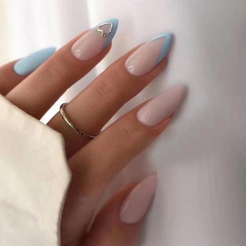 24pcs false nails with almond head French artificial nails with glue Long Paragraph Manicure full cover Stiletto press on nails