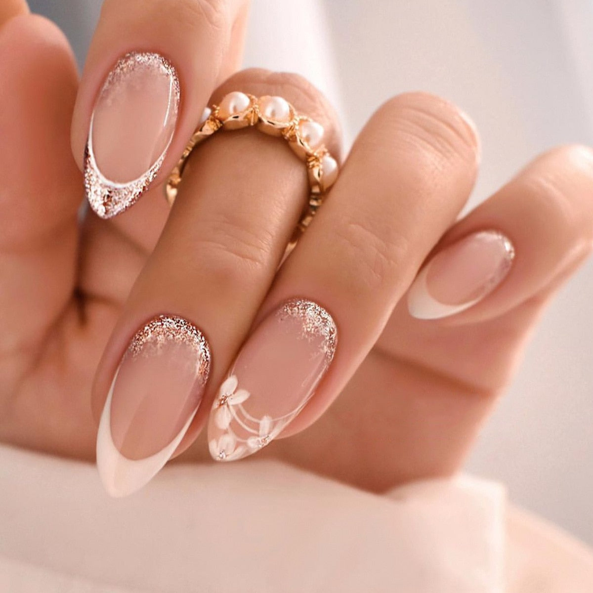 24pcs false nails with almond head French artificial nails with glue Long Paragraph Manicure full cover Stiletto press on nails