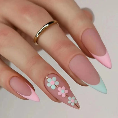 24pcs false nails with almond head French artificial nails with glue Long Paragraph Manicure full cover Stiletto press on nails