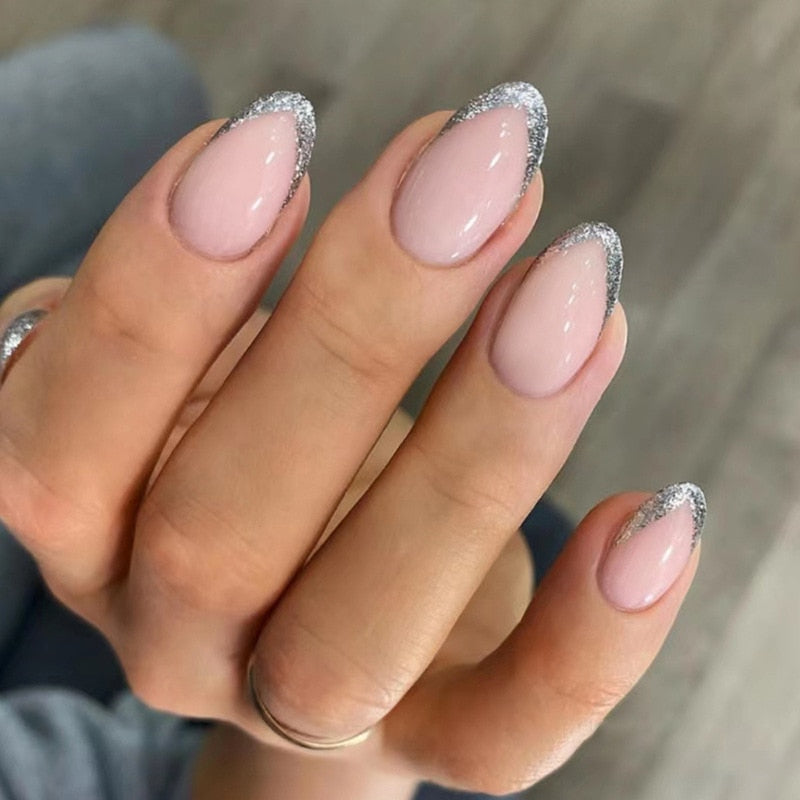 24pcs false nails with almond head French artificial nails with glue Long Paragraph Manicure full cover Stiletto press on nails