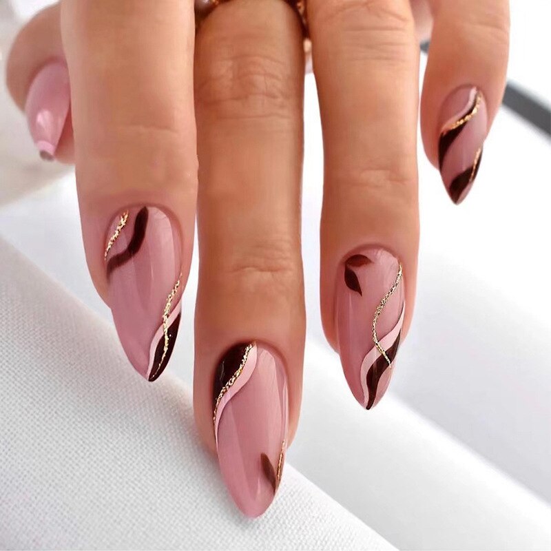 24pcs false nails with almond head French artificial nails with glue Long Paragraph Manicure full cover Stiletto press on nails