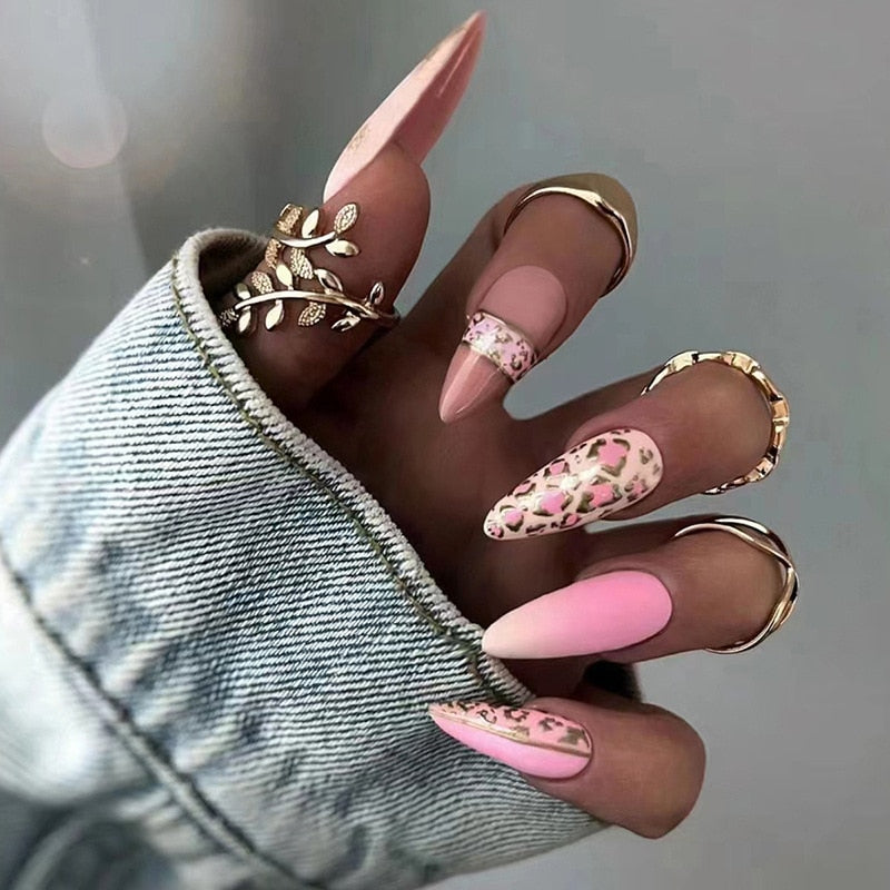 24pcs false nails with almond head French artificial nails with glue Long Paragraph Manicure full cover Stiletto press on nails