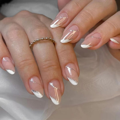 24pcs false nails with almond head French artificial nails with glue Long Paragraph Manicure full cover Stiletto press on nails