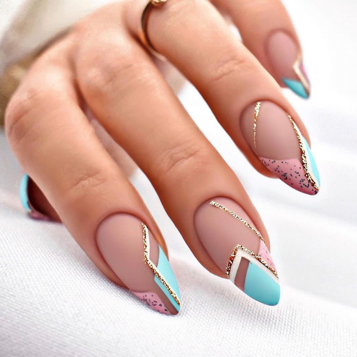 24pcs false nails with almond head French artificial nails with glue Long Paragraph Manicure full cover Stiletto press on nails