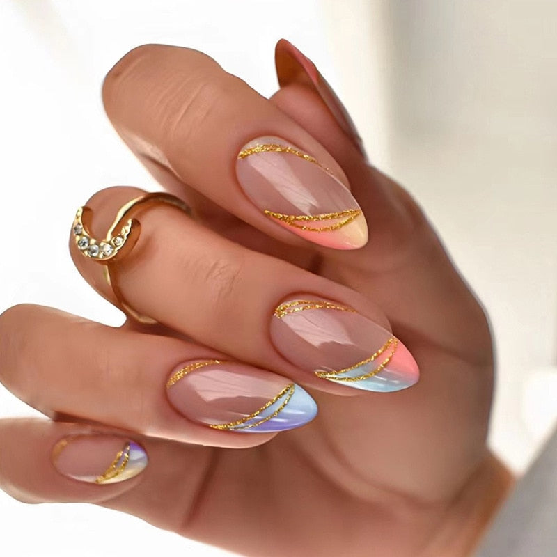24pcs false nails with almond head French artificial nails with glue Long Paragraph Manicure full cover Stiletto press on nails