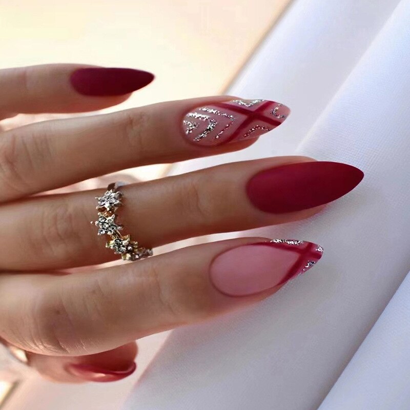 24pcs false nails with almond head French artificial nails with glue Long Paragraph Manicure full cover Stiletto press on nails